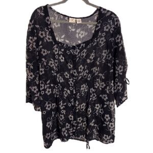 Sheer Tie Back Tunic 18 Black & White Floral Square Neck 3/4 Sleeve Boho Top